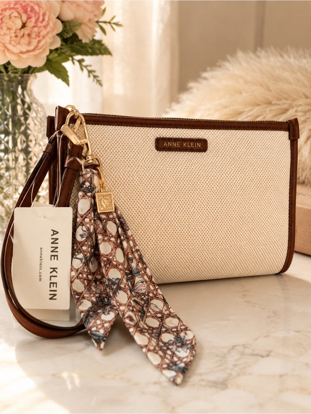 NWT Anne Klein Walnut Cream Woven Wristlet Clutch with Scarf Accent 🌰